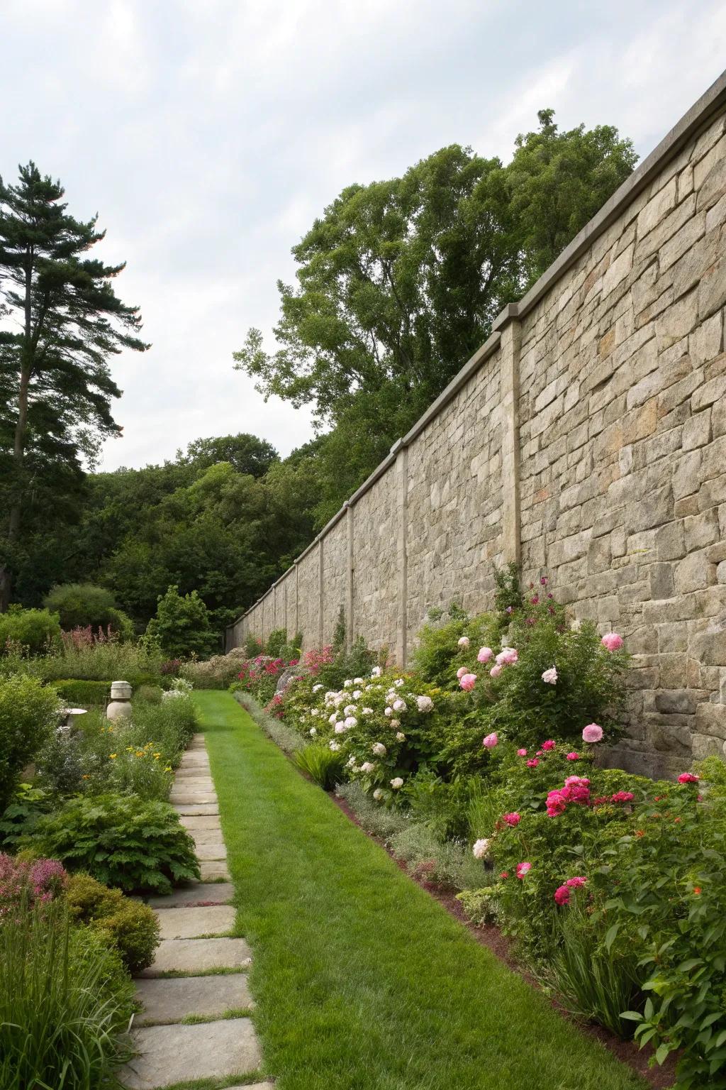 Stone walls offer both privacy and aesthetic appeal.