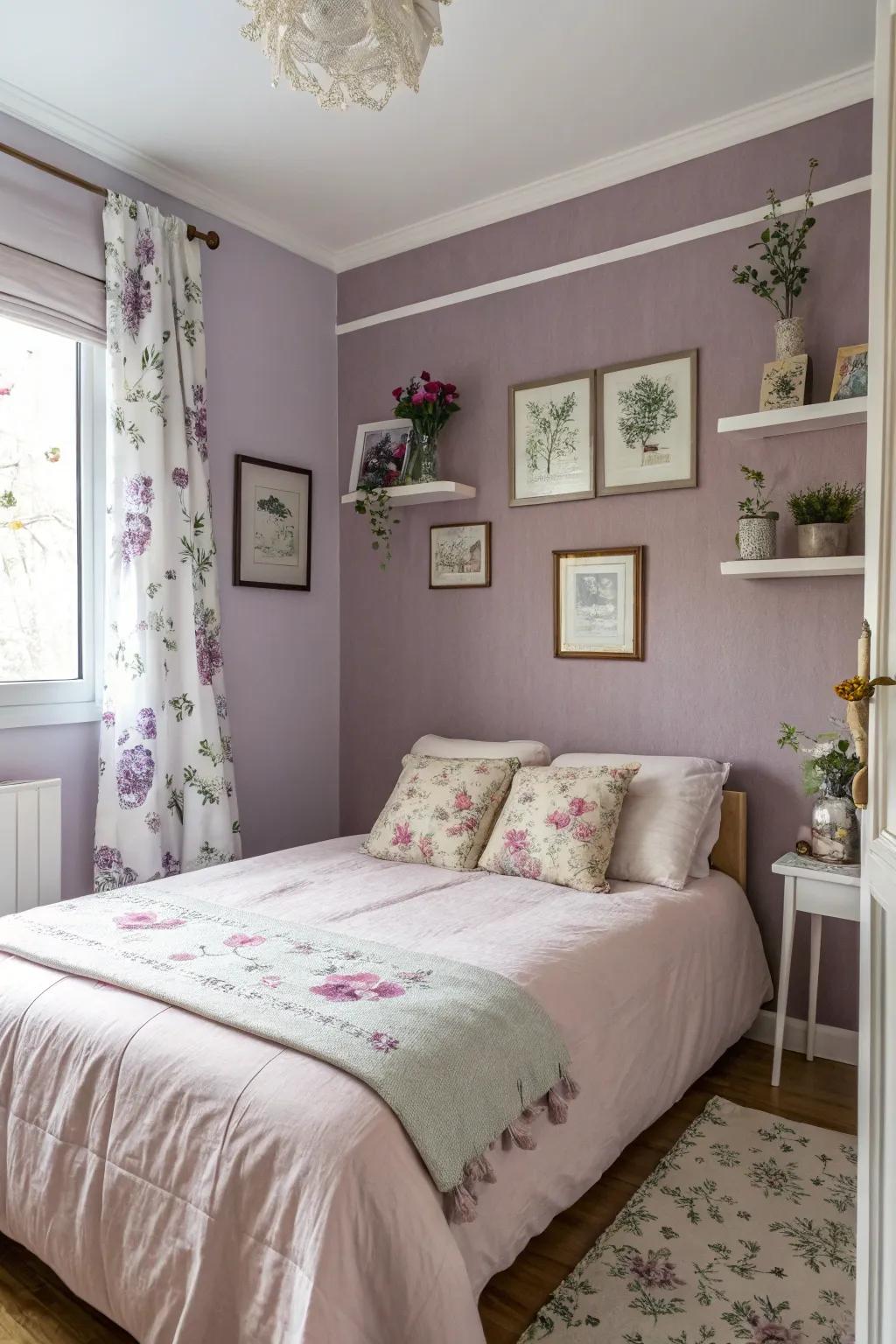 Muted lavenders create a serene and soothing atmosphere in small bedrooms.