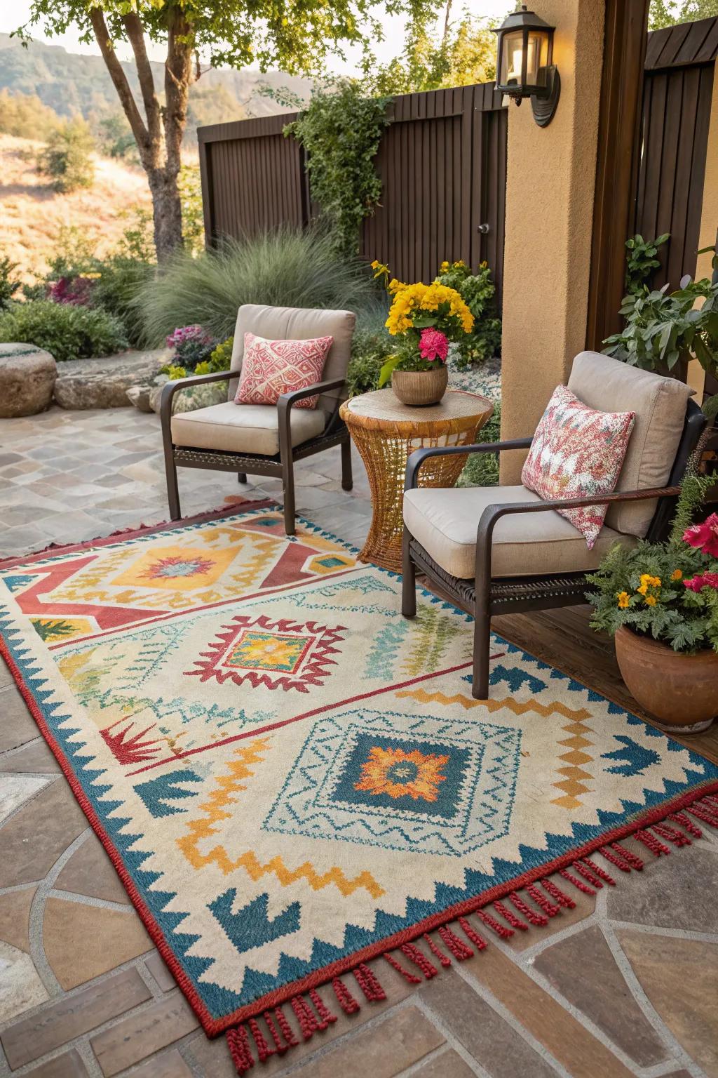 Outdoor rugs add comfort and color to your patio.