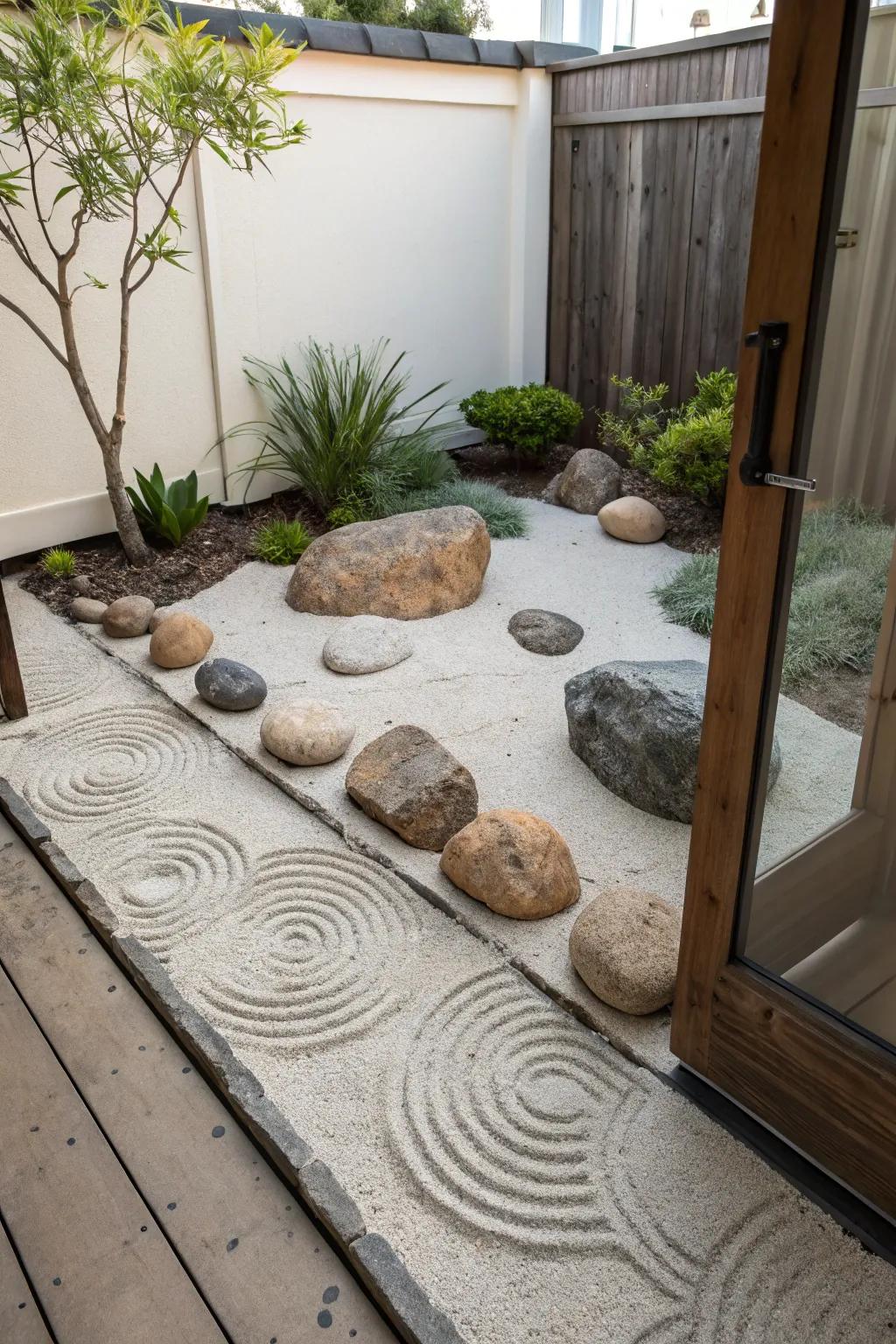 A Zen garden corner offers a peaceful retreat within your patio.