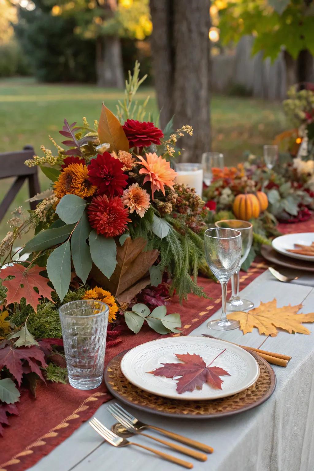 A seasonal tablescape featuring natural elements like leaves and flowers.