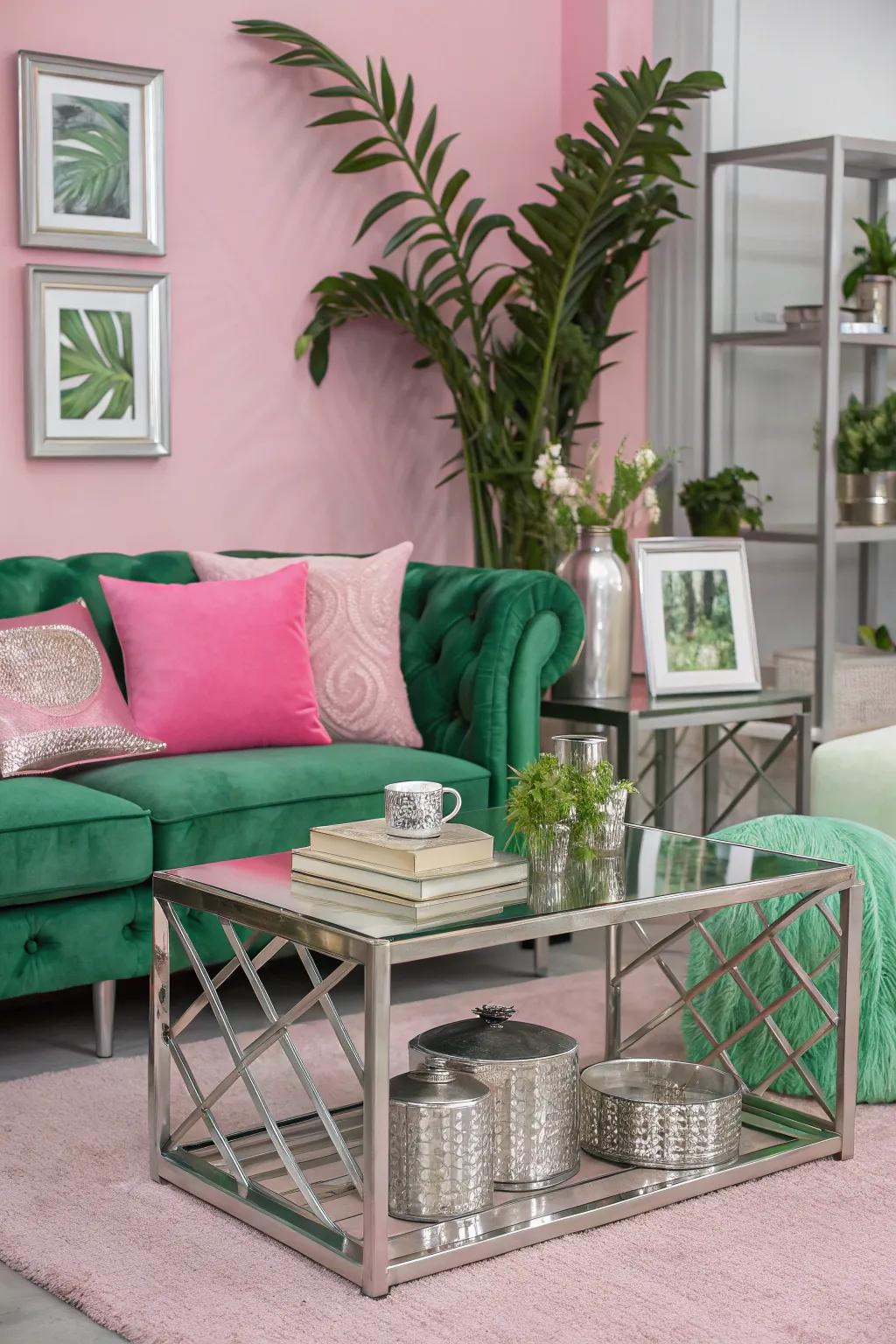 Combining metallic tones with pink and green creates a modern vibe.