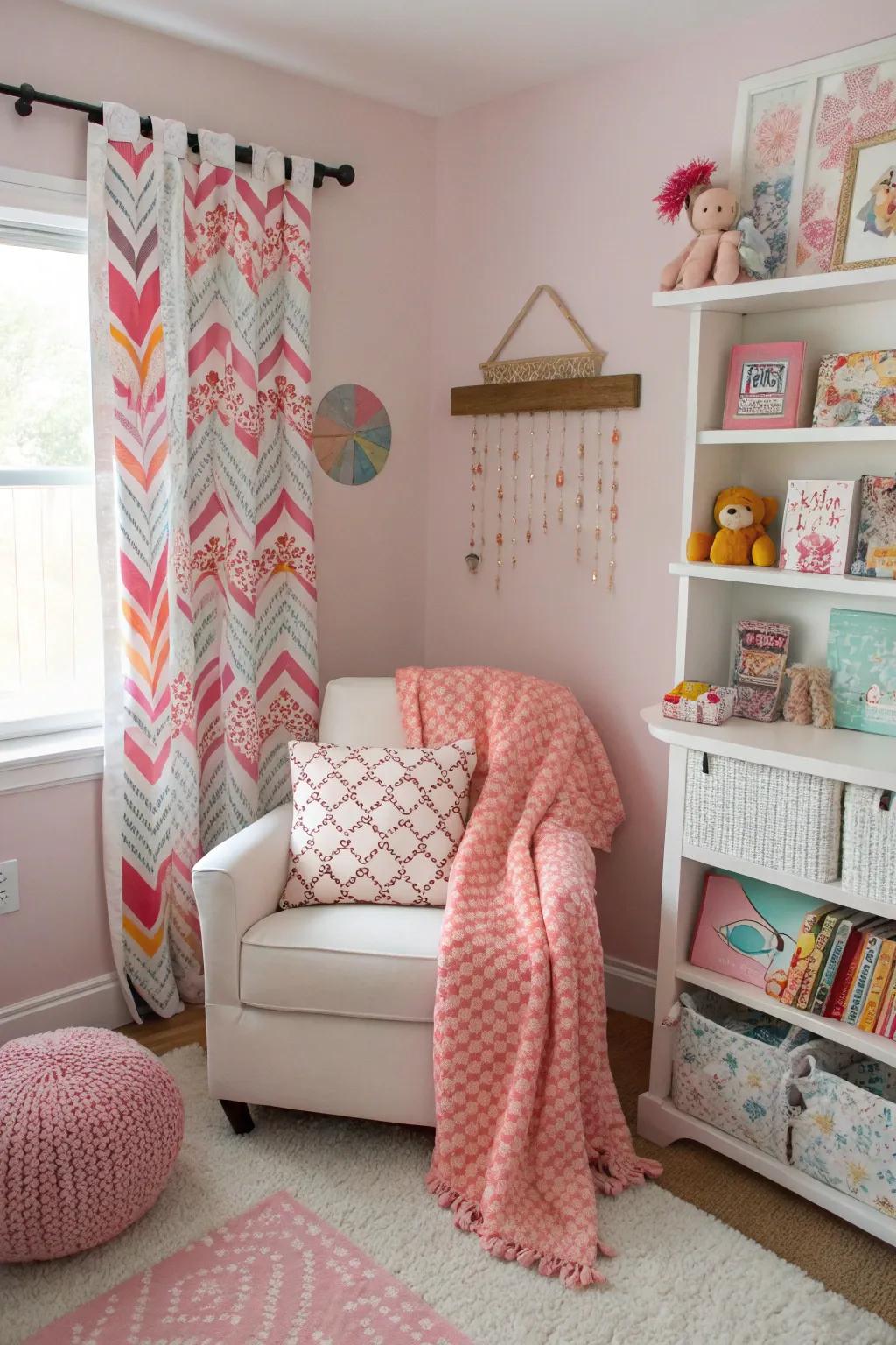 A varied pattern selection introduces visual intrigue within the nursery.