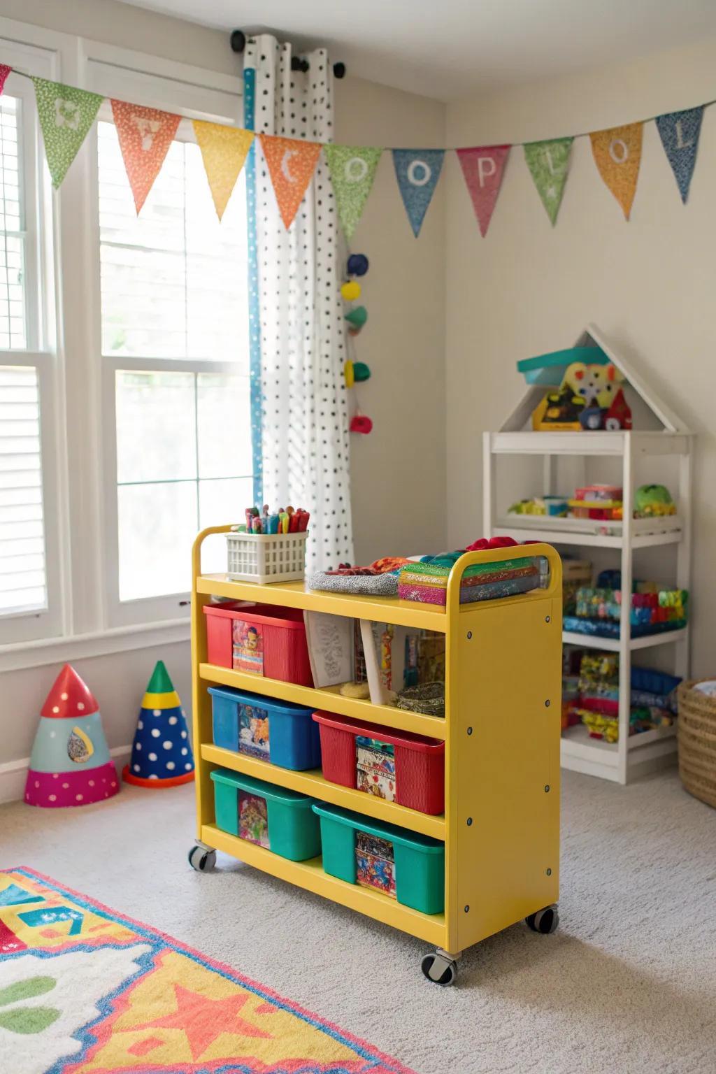 A colorful rolling storage cart in a playroom, ideal for flexible storage needs.