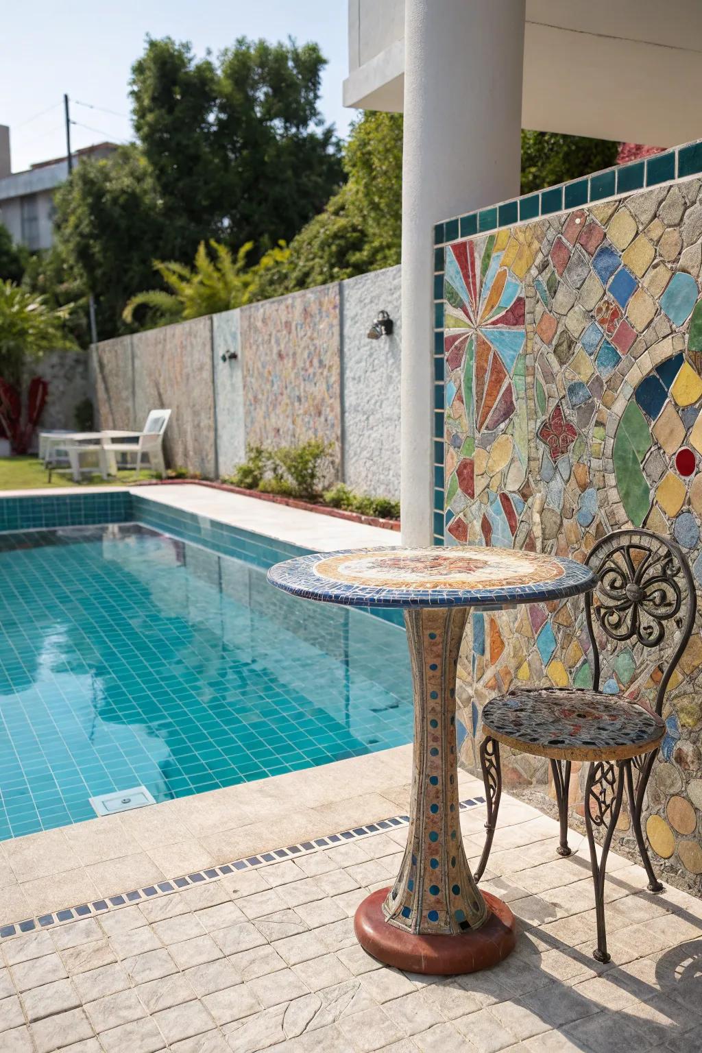 Mosaic tiles offer a vibrant and artistic touch to your poolside design.