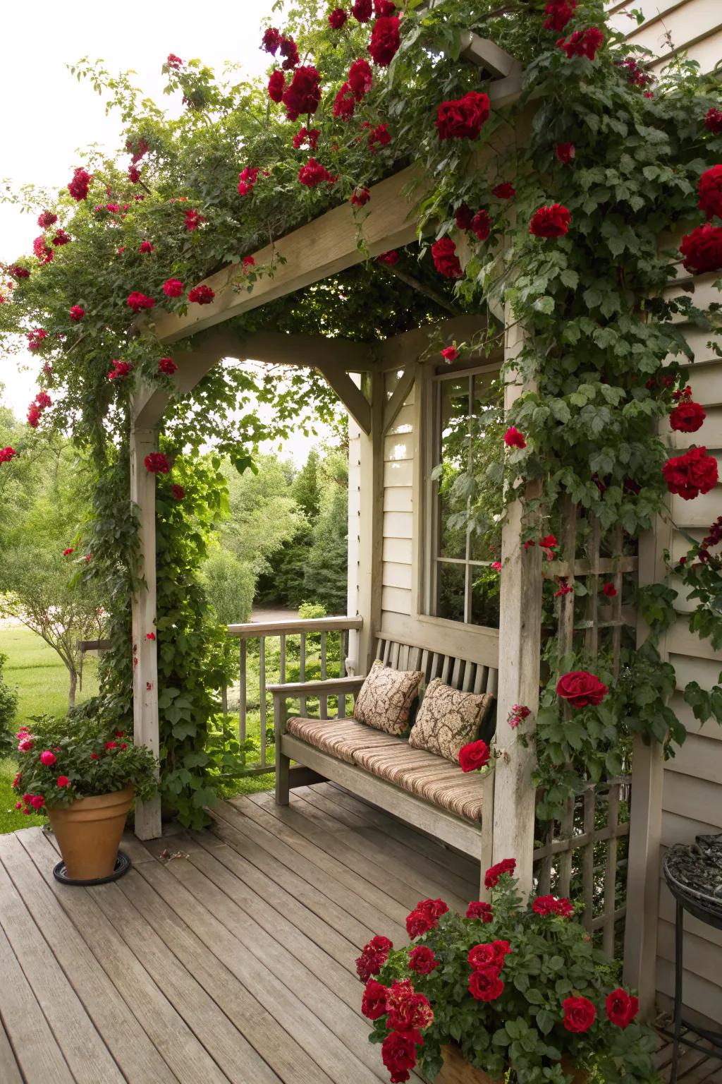 An arbor bench offers a romantic escape on the porch.