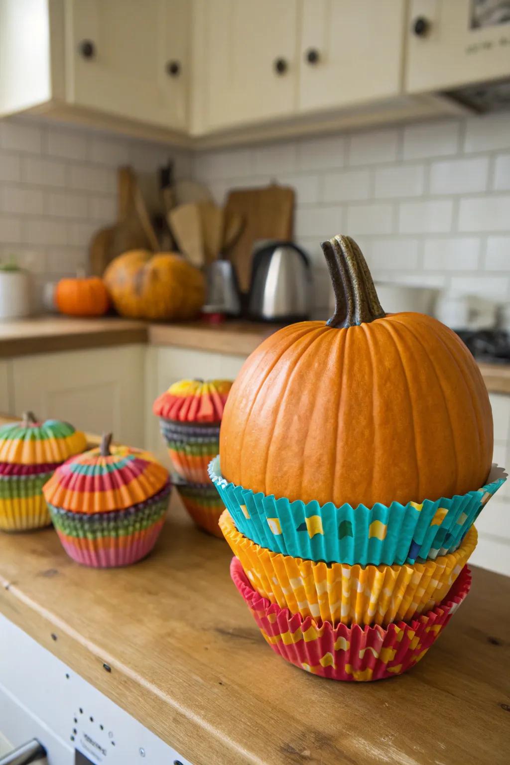 Cupcake liners create a fun and textured pumpkin design.