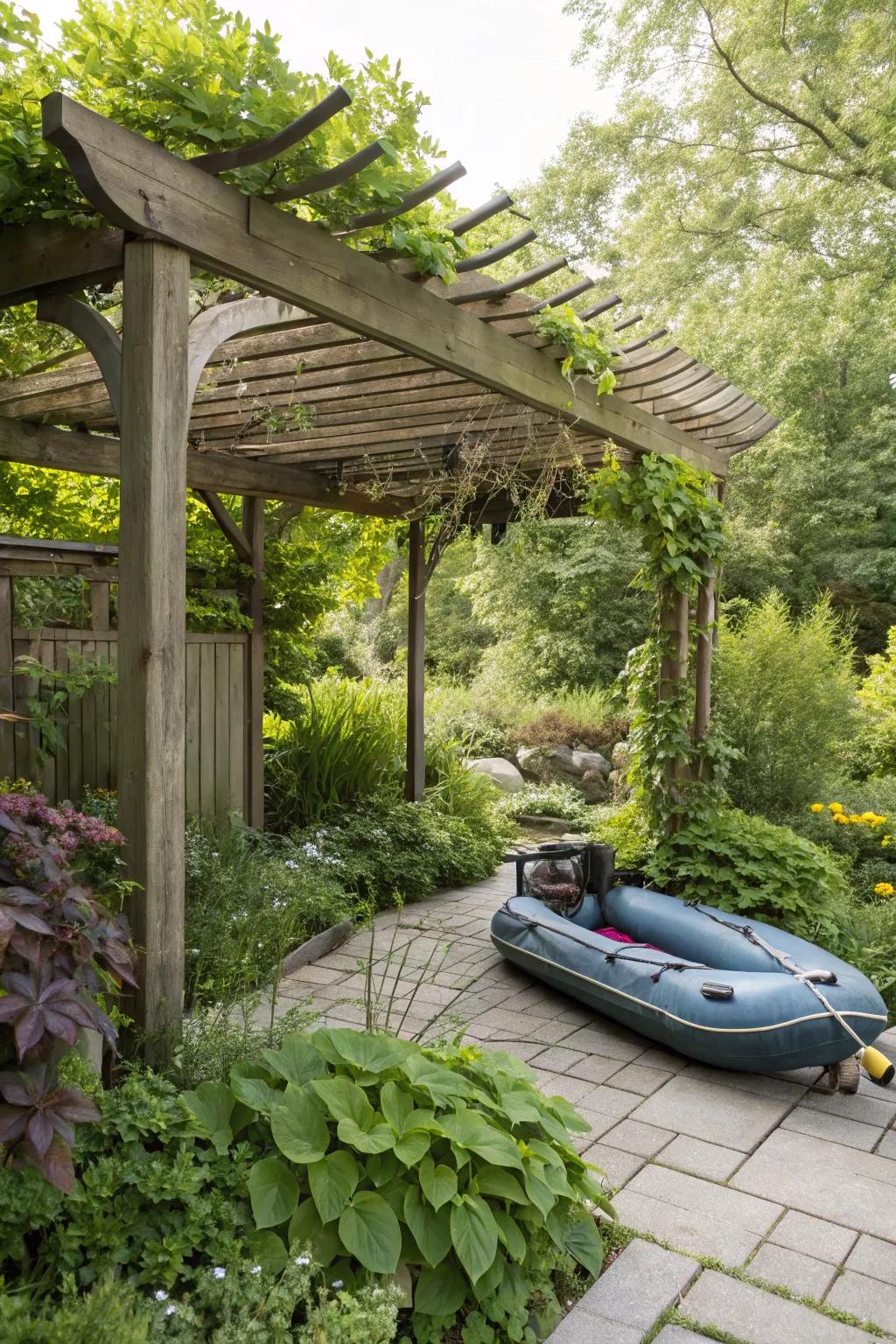 A pergola offers a picturesque setting for raft storage.