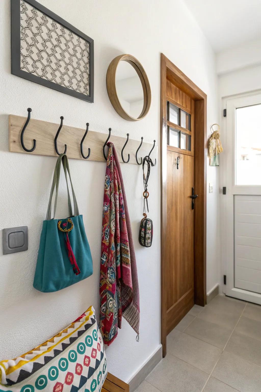 Organize and style with decorative removable hooks.