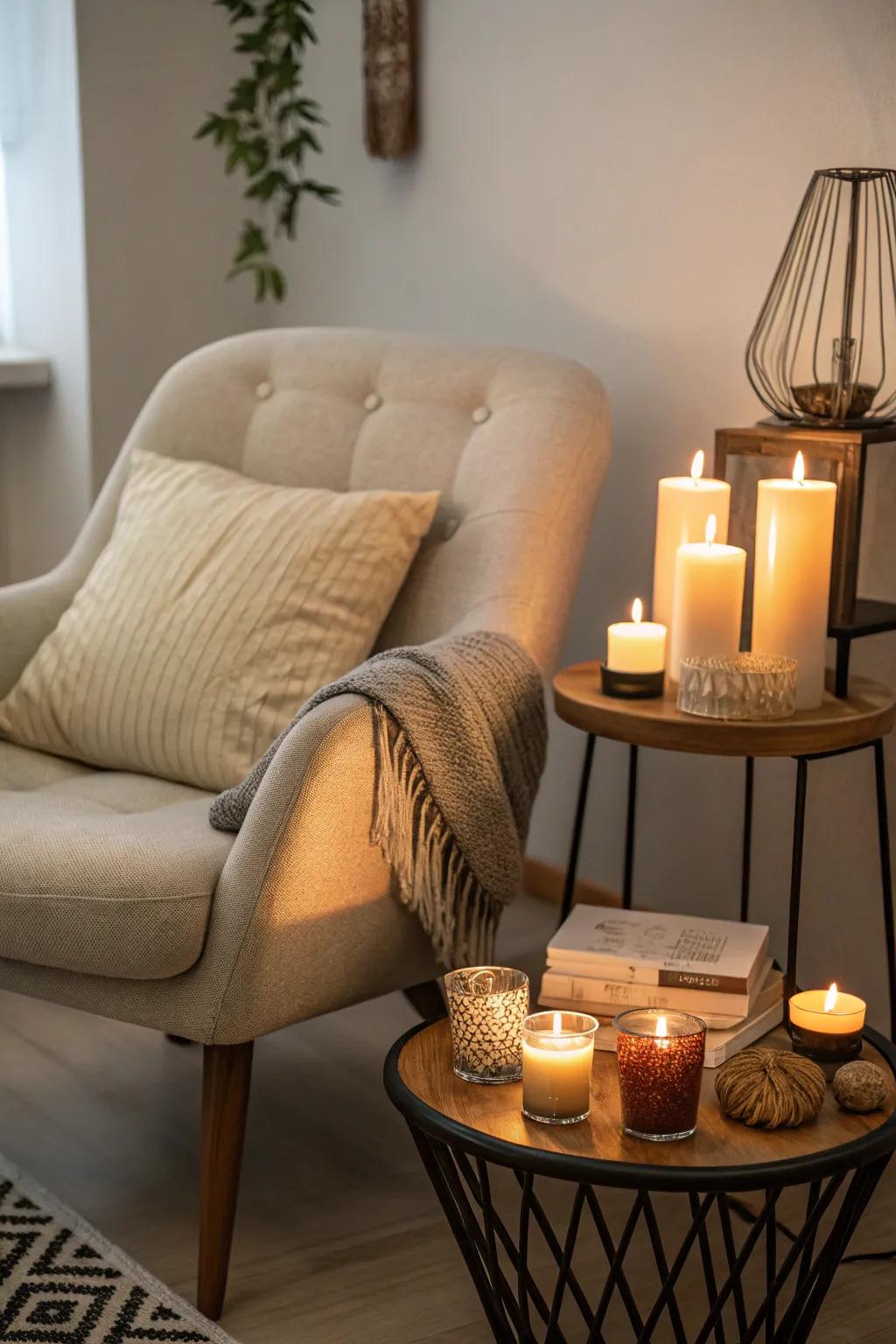 A peaceful contemplative sanctuary featuring tapers.