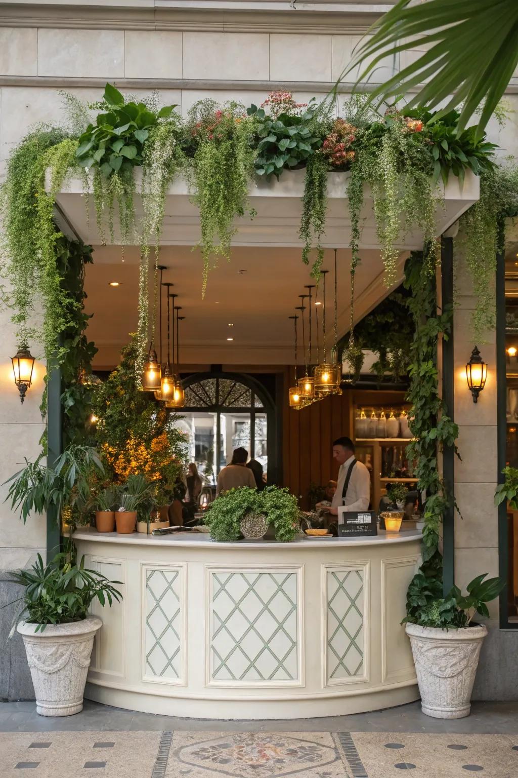 Greenery may transform your reception station into a refreshing oasis.
