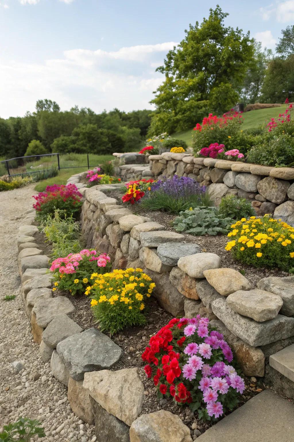 Elevated flower beds add dimension and support vibrant blooms.