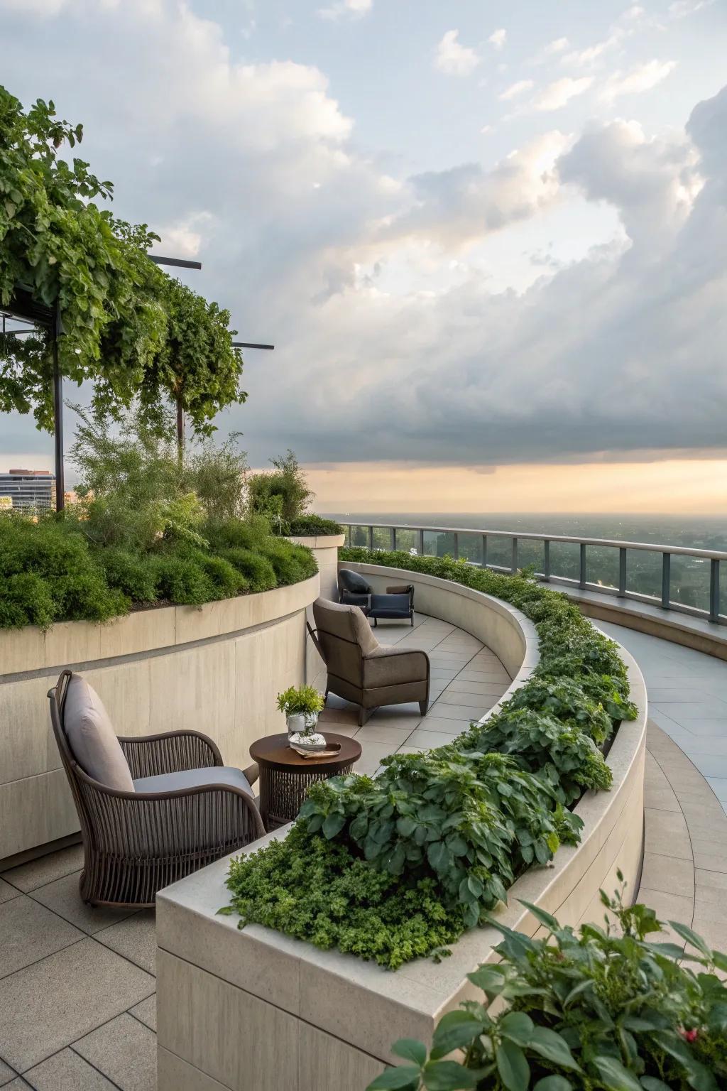 Curves add a soft and inviting feel to the rooftop design.