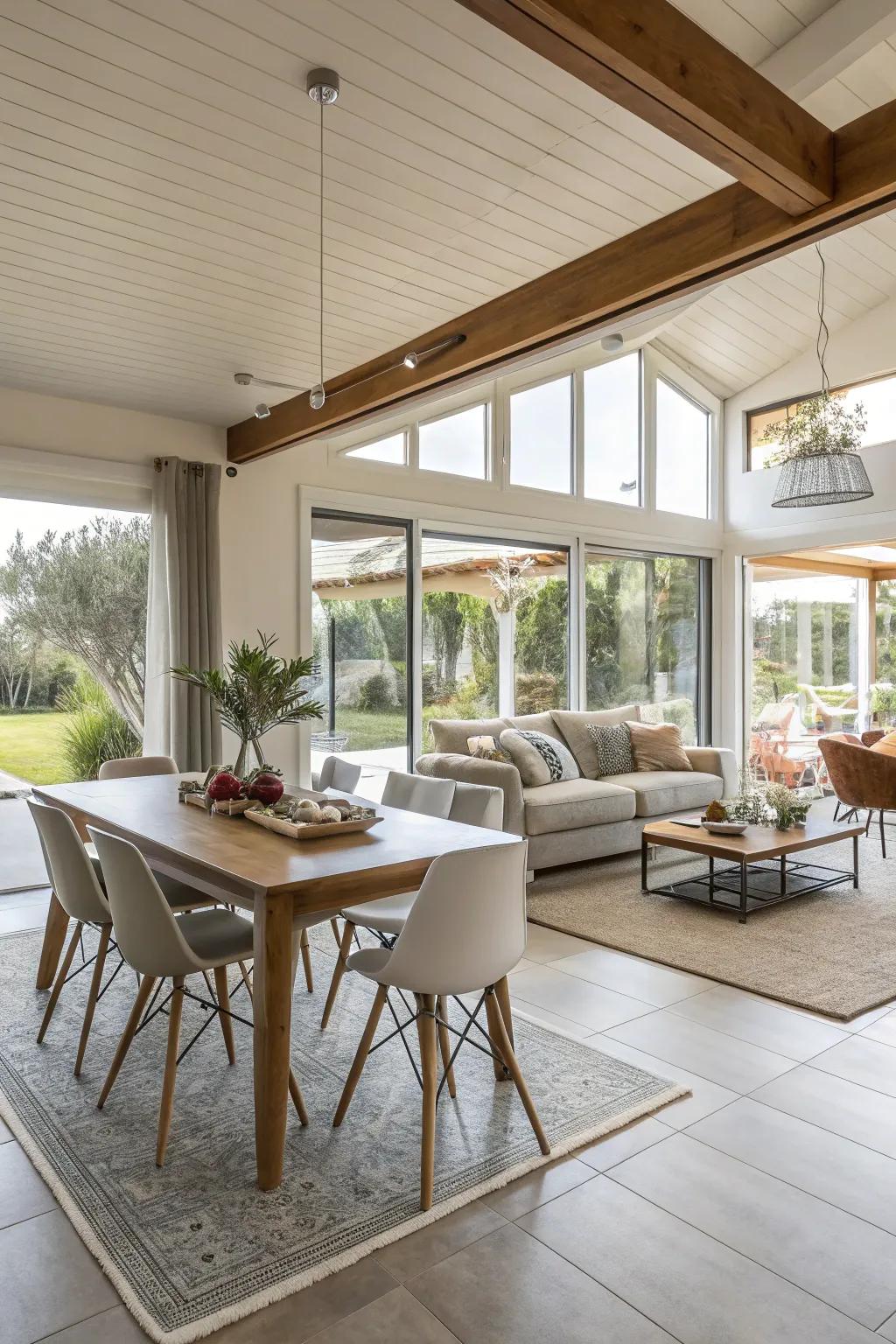 Furniture arrangement creating distinct zones in an open-plan room.