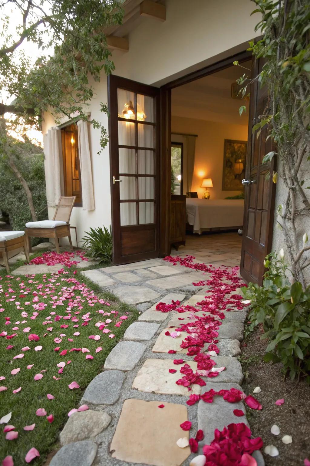 A garden path of rose petals leading indoors.