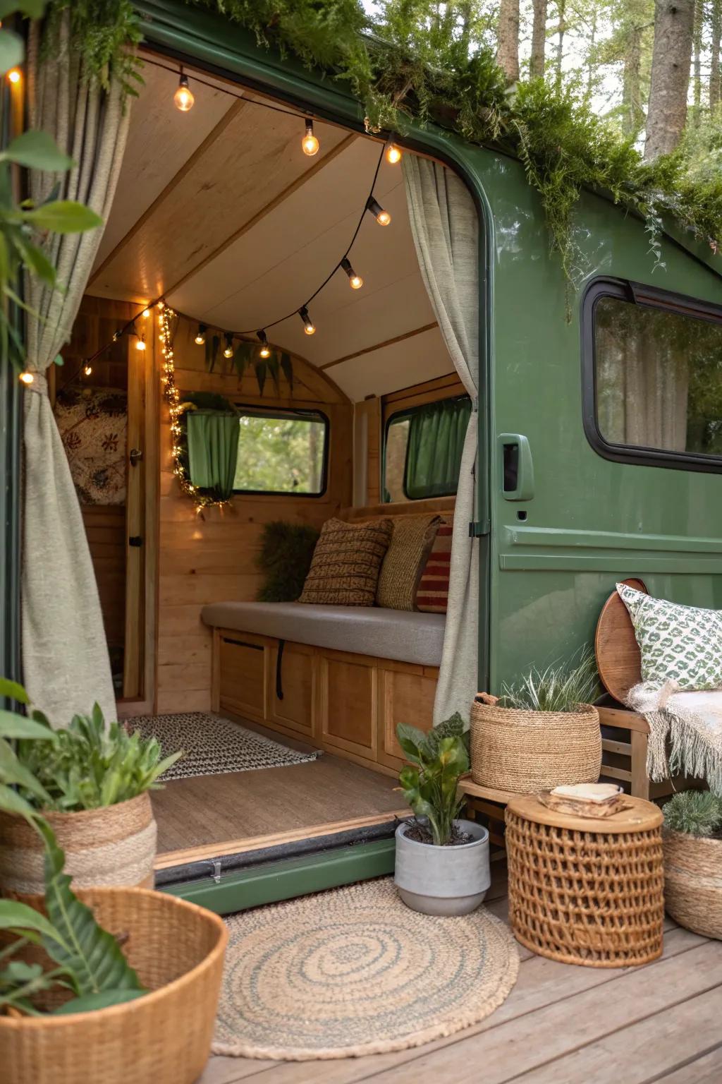 Earthy verdant tones establish a soothing, nature-inspired RV interior.