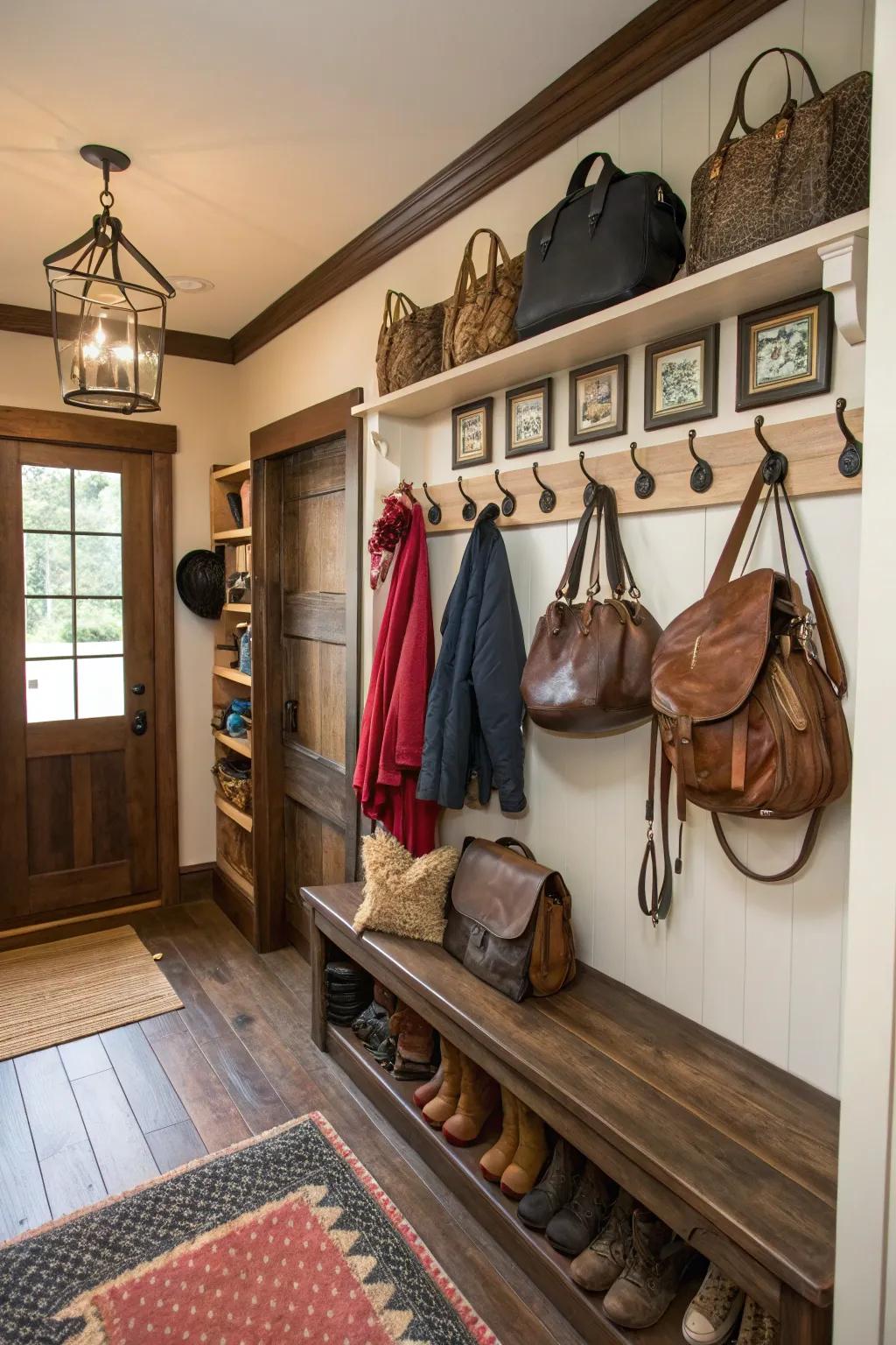 Saddle wall hooks blend functionality and style in this cozy mudroom.