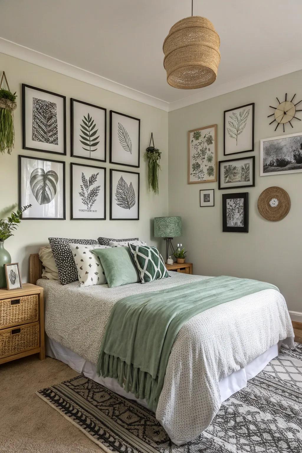 Eclectic wall art adds personality and depth to a calming bedroom space.