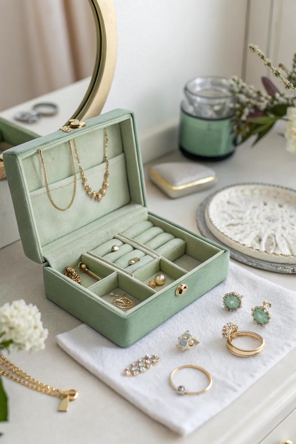 A sage green jewelry box keeps treasures safe and stylish.