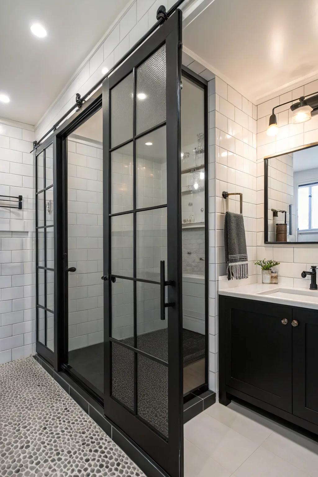 Industrial style doors add a bold, modern touch to showers.