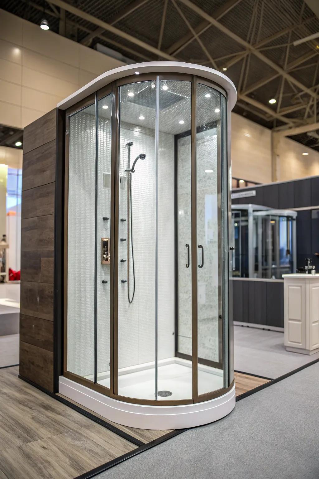 A shower stall with a curved frame that adds a touch of elegance.