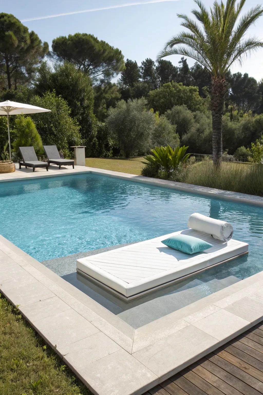 A floating deck provides a unique and modern lounging space.