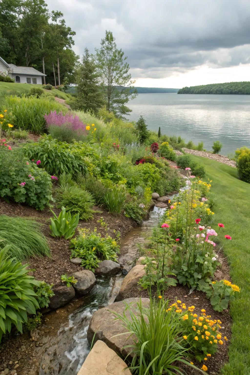 A thriving rain garden that captures and utilizes runoff effectively.