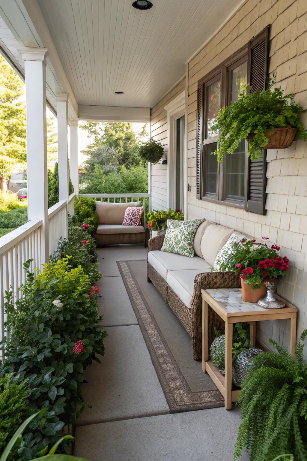 Zoning a small porch for seating and greenery maximizes its utility.