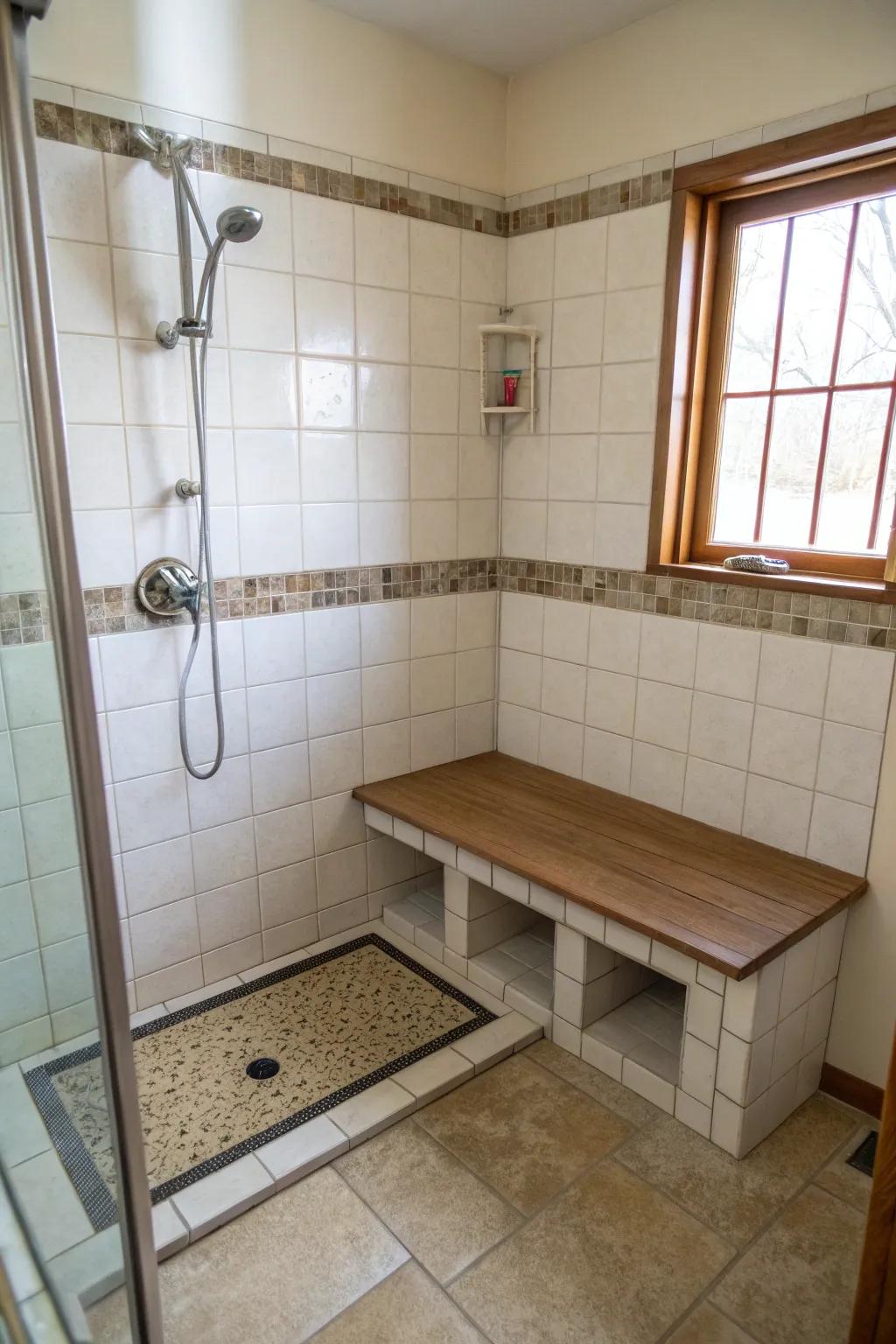 A built-in bench adds function and style to a small bathroom.