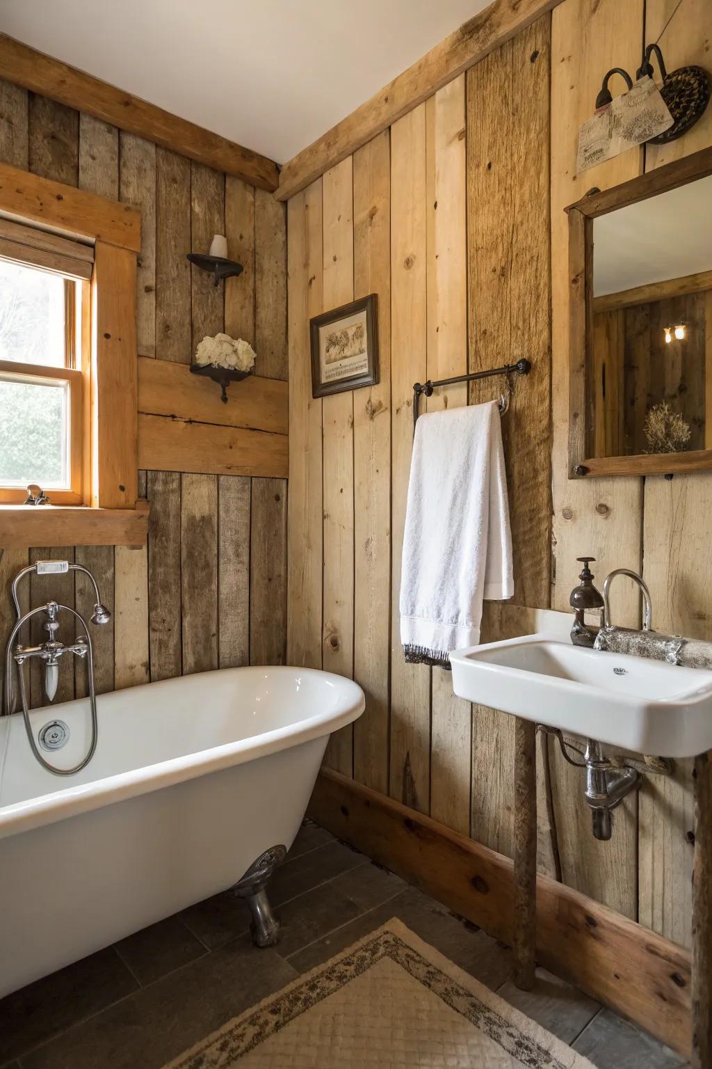 Barnwood panels in a small bathroom, offering rustic charm and warmth.