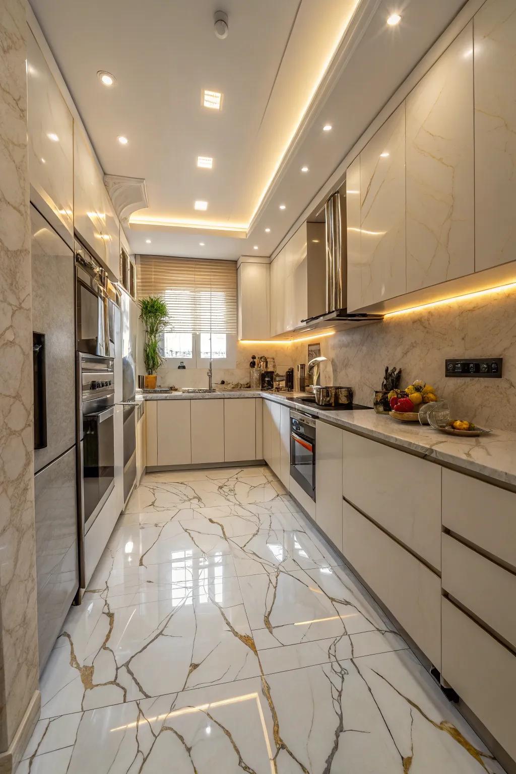 Marble-look floors add a touch of luxury.