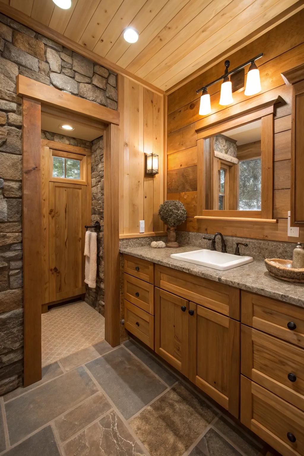 Natural elements bring warmth and texture to small bathrooms.