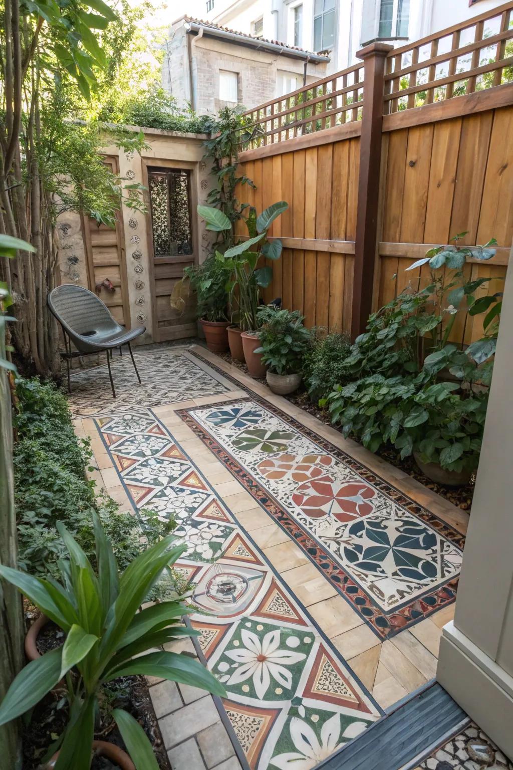 A small patio enhanced by visually striking patterned tiles.