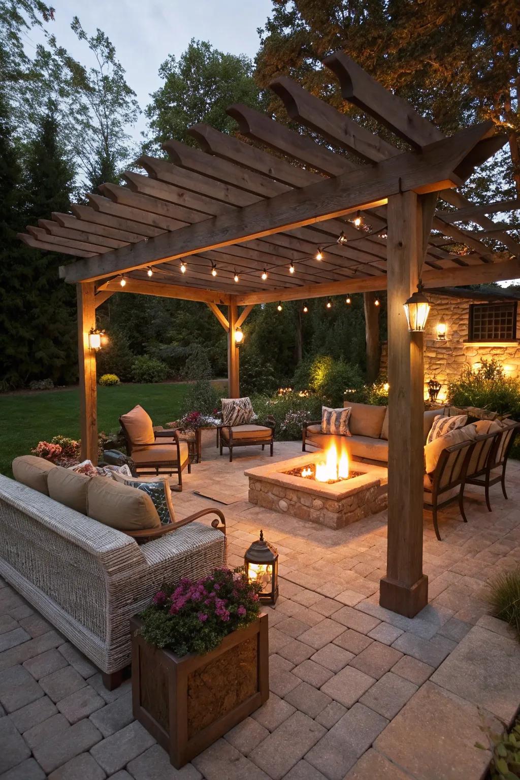 A fire pit under a pergola creates a cozy gathering spot on a small patio.