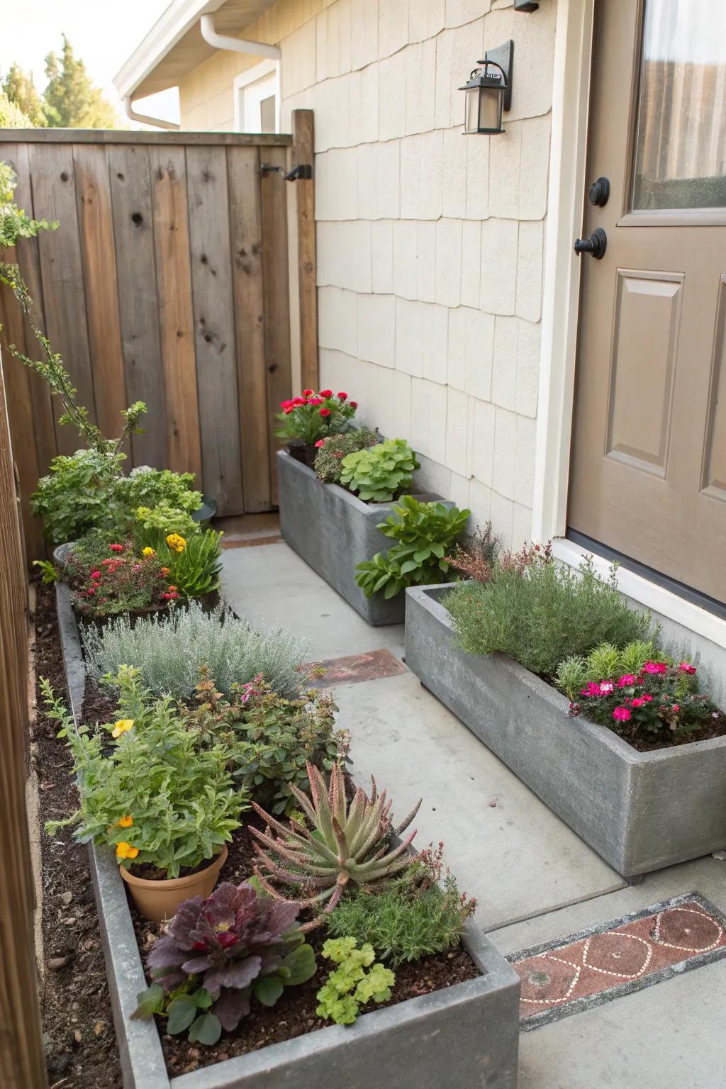 Small planters fashion an exuberant and welcoming setting.