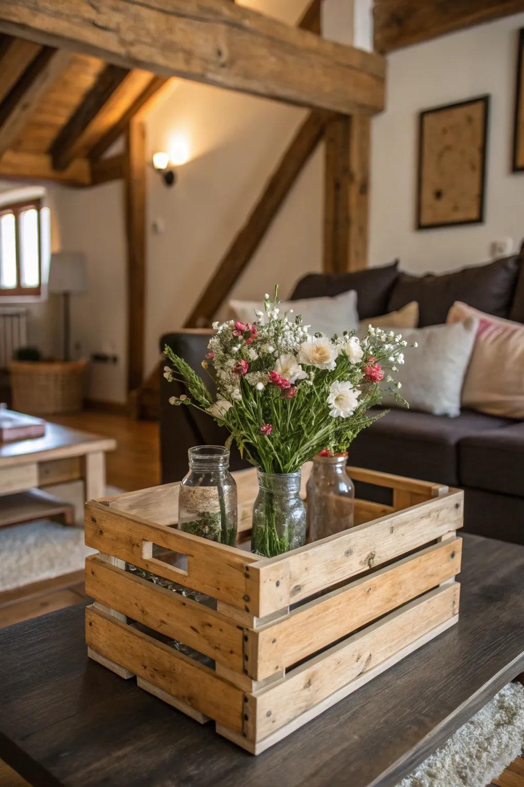 A wooden crate filled with flowers adds rustic charm to any room.