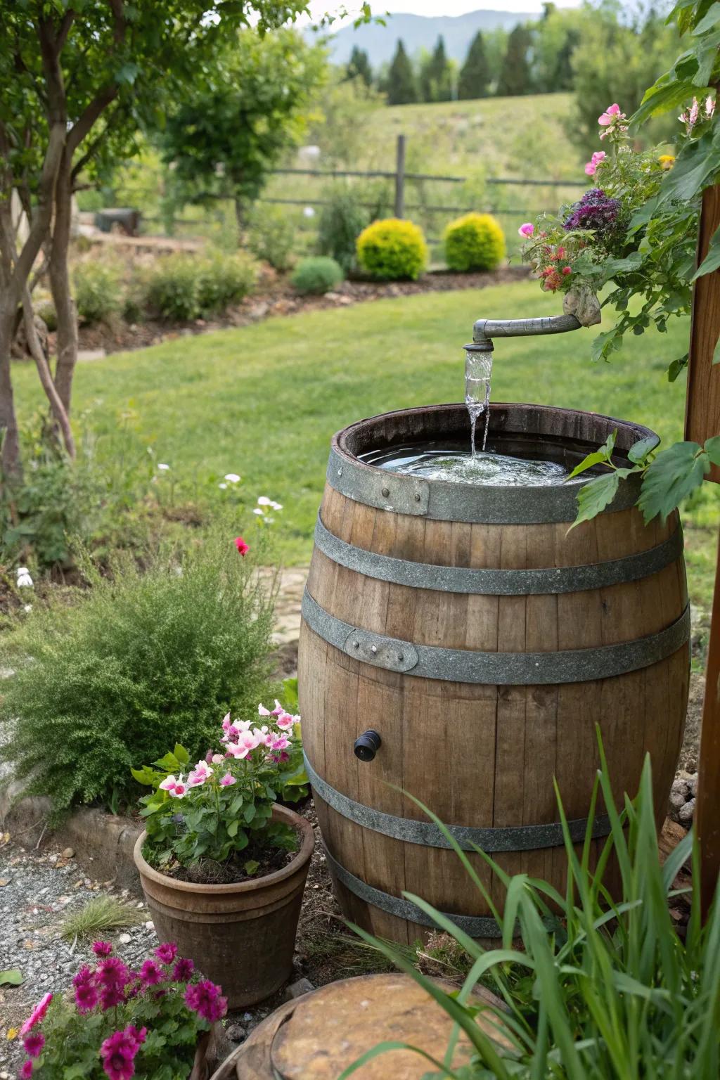 A vintage wine barrel transformed into a captivating solar fountain.
