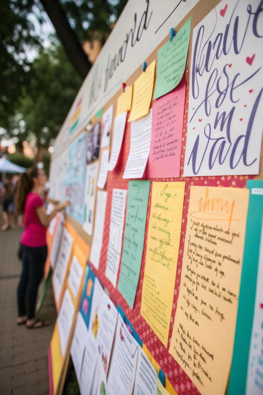 A bulletin board with bold, colorful typography and diverse fonts.