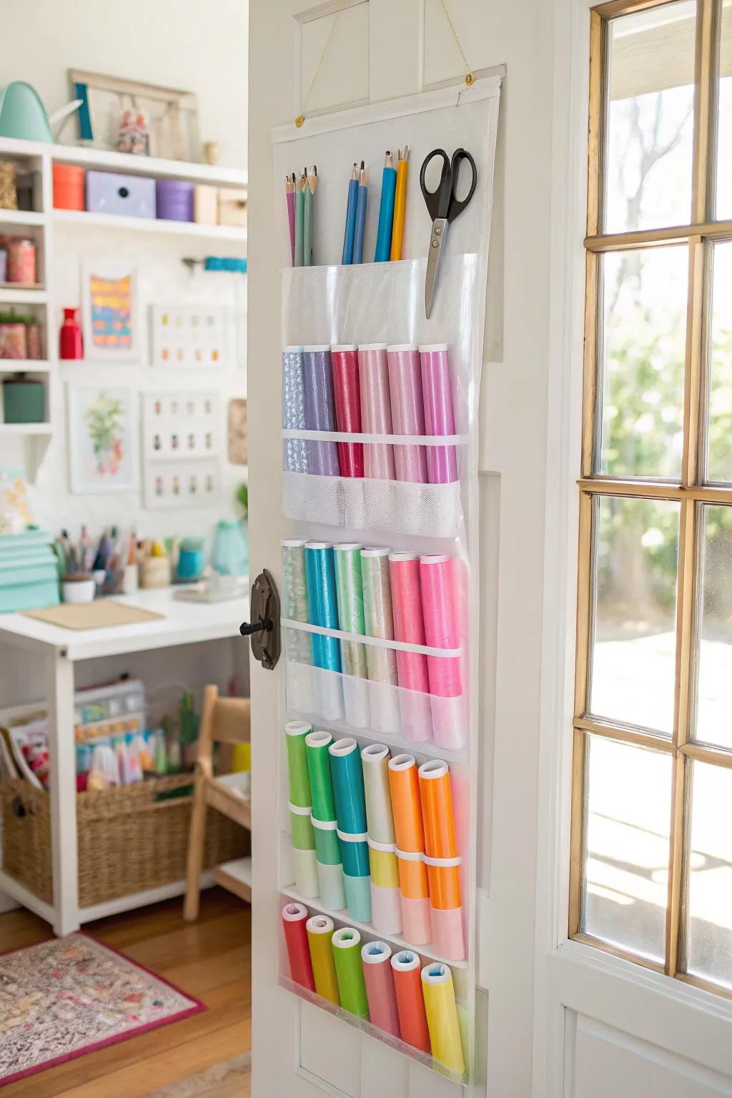 Over-the-door organizers keep vinyl rolls discreet and accessible.