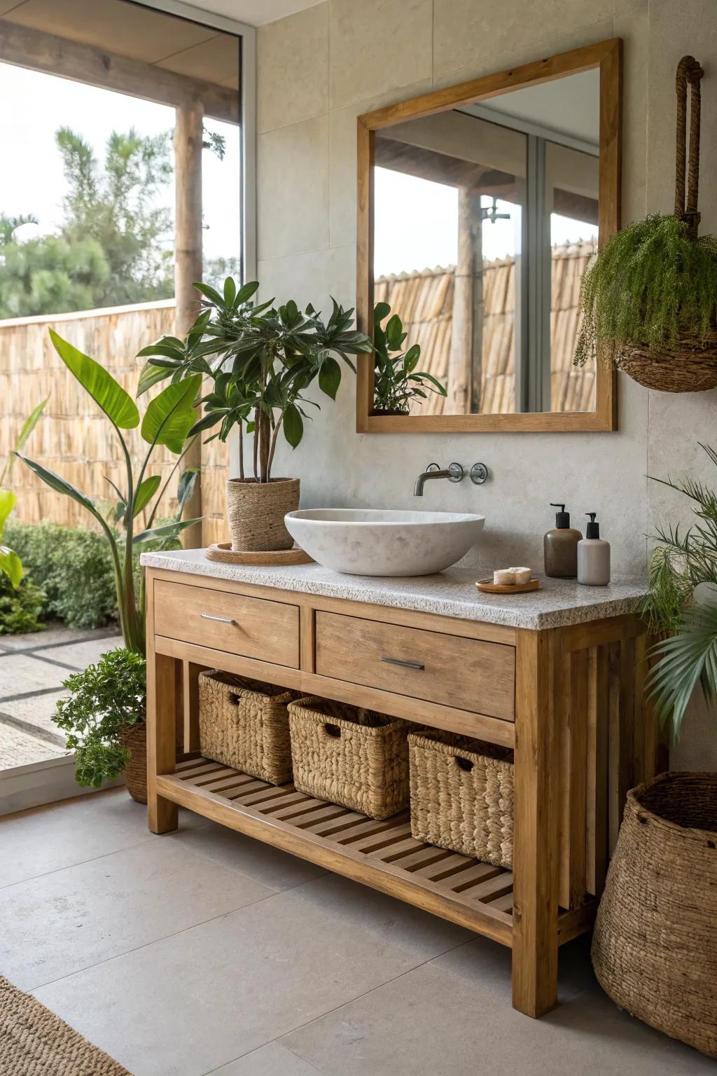 A bathroom vanity made from eco-friendly materials for a sustainable and natural look.