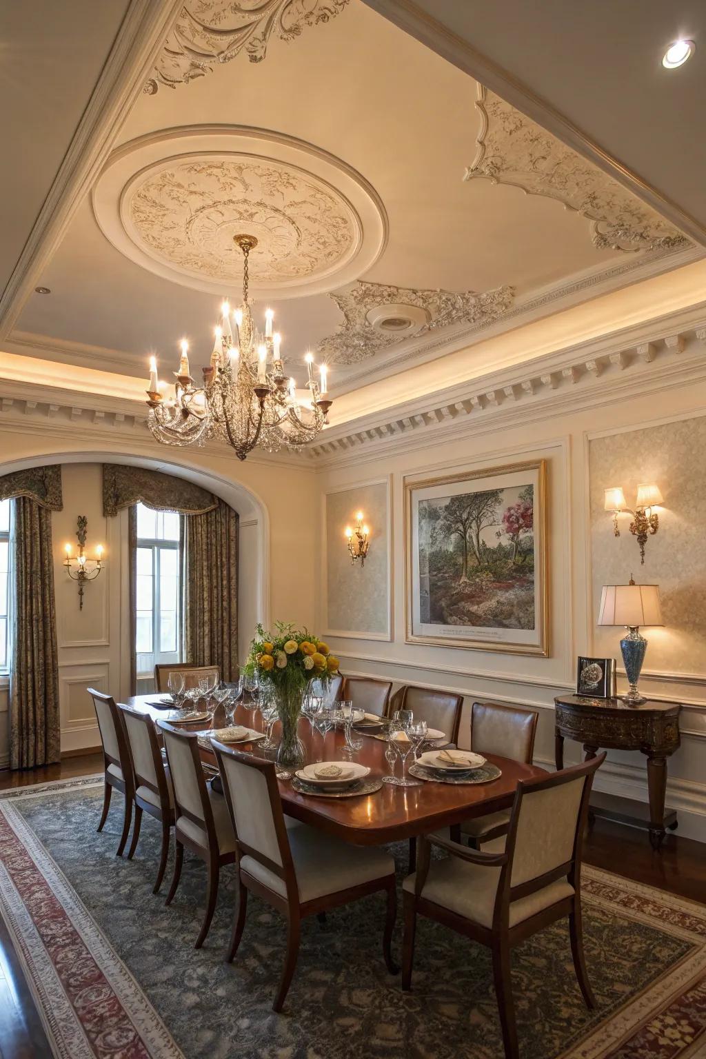 Crown molding adding a regal touch to the dining room.