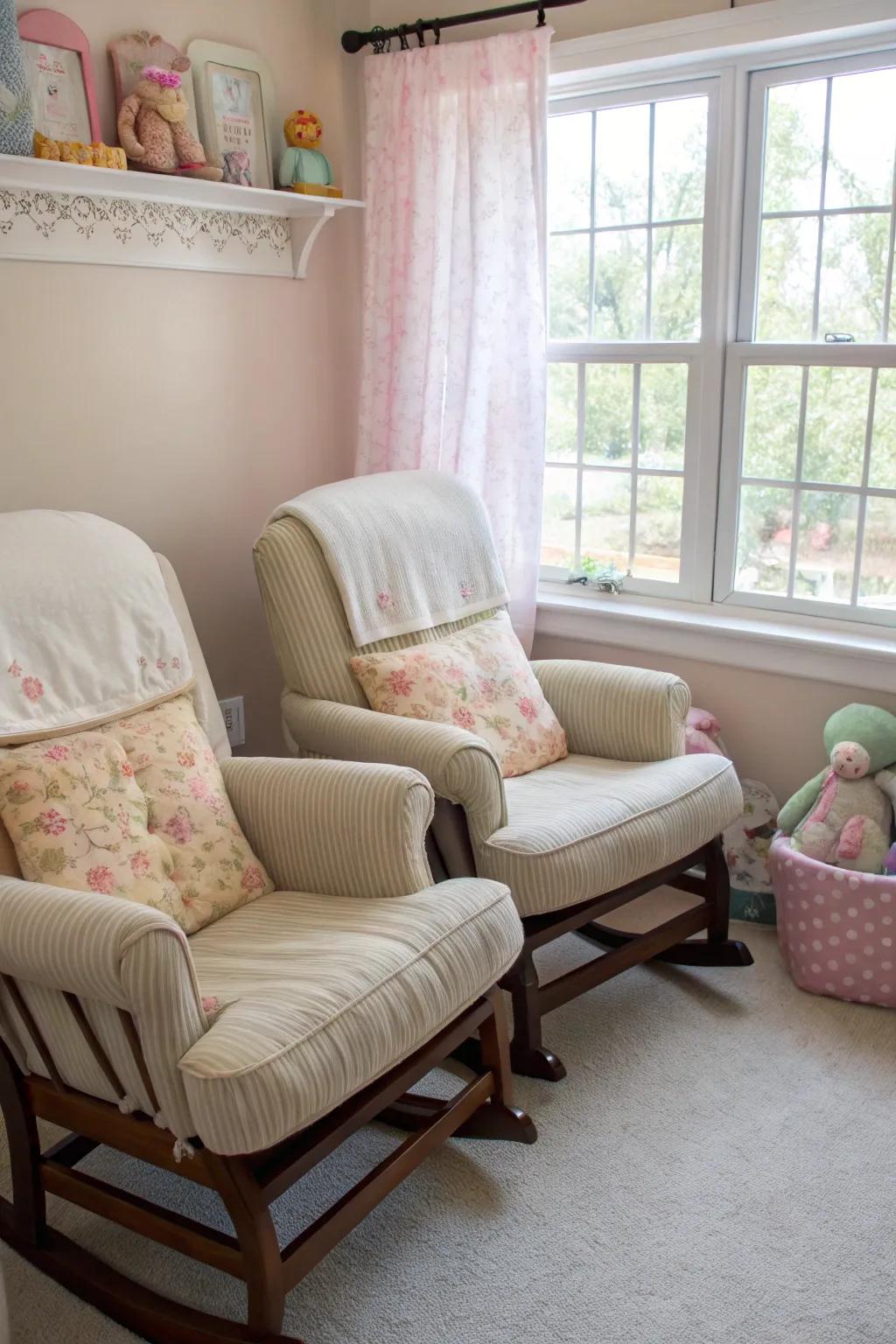 Paired rocking chairs offer ease and comfort when soothing twins.