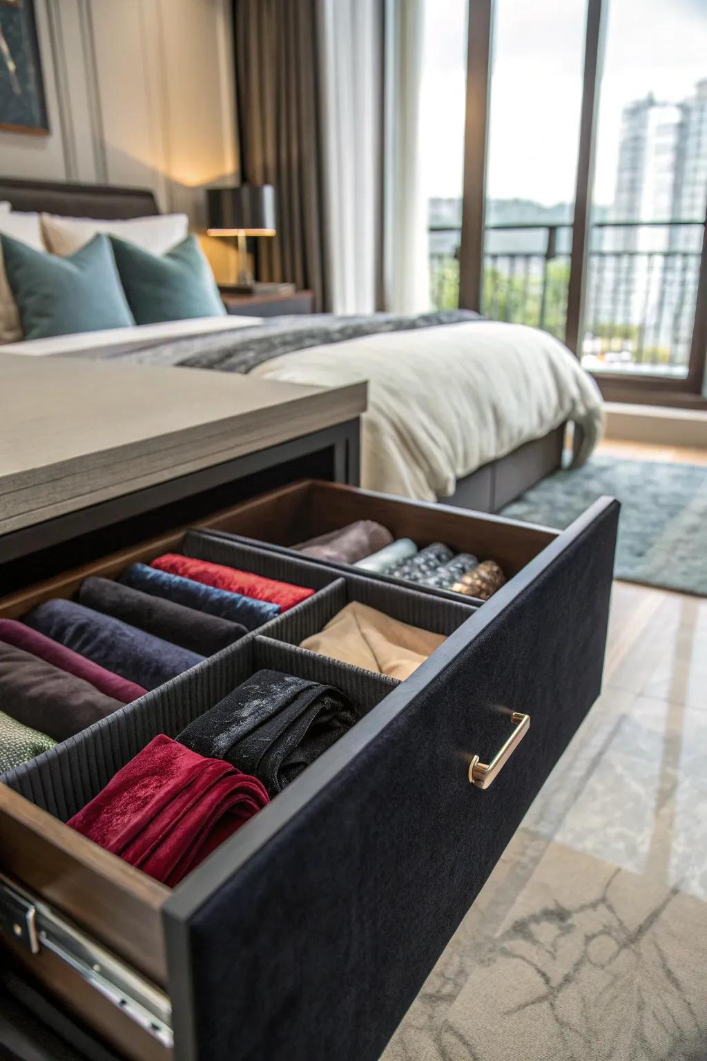 Velvet lining adds a luxurious touch to your drawer.