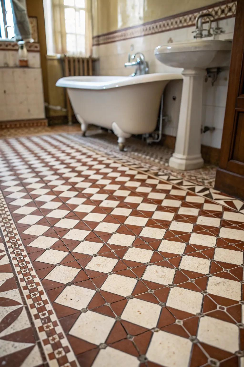 A checkerboard pattern adds a classic touch to vintage tiles.