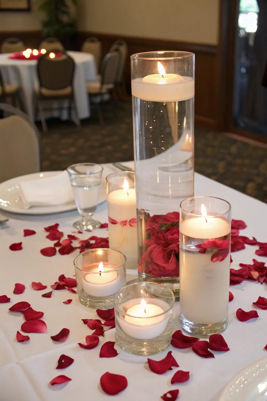 Rose leaves inject a romantic detail to light centerpieces.