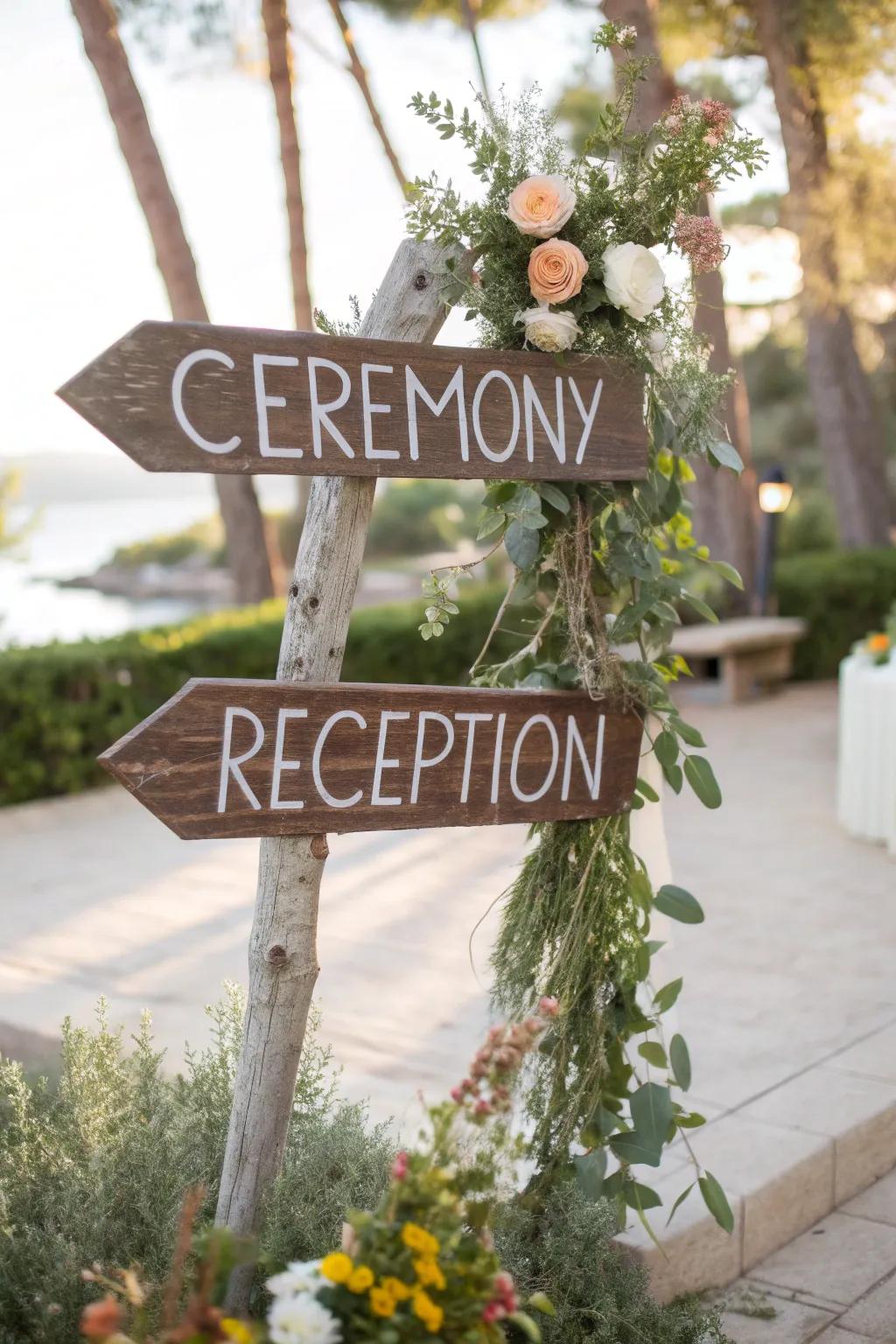 Directional plaques guiding invitees while enhancing decor.