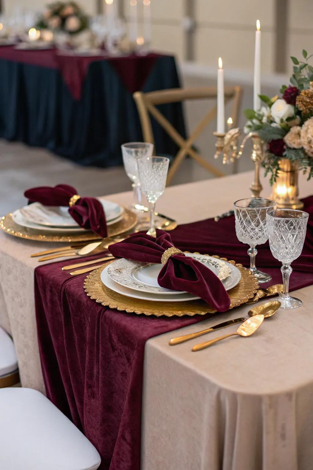 Chic velvet details add rich texture and elegance to wedding decor.