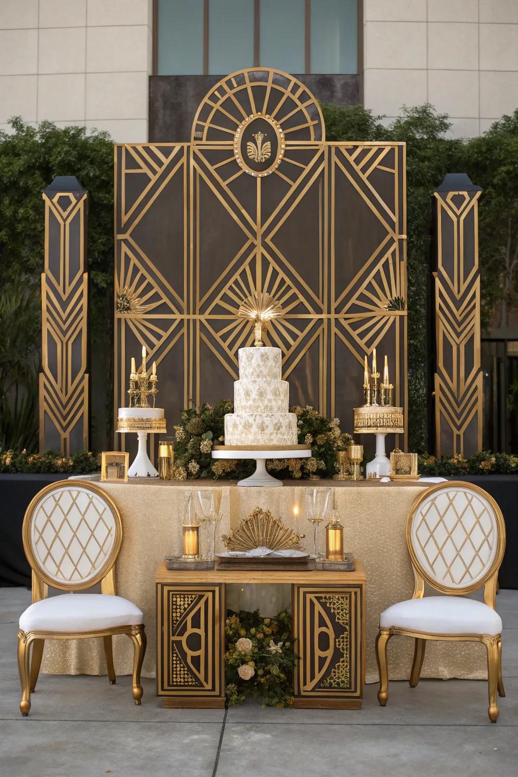 An art deco wedding theme with opulent details and bold patterns.