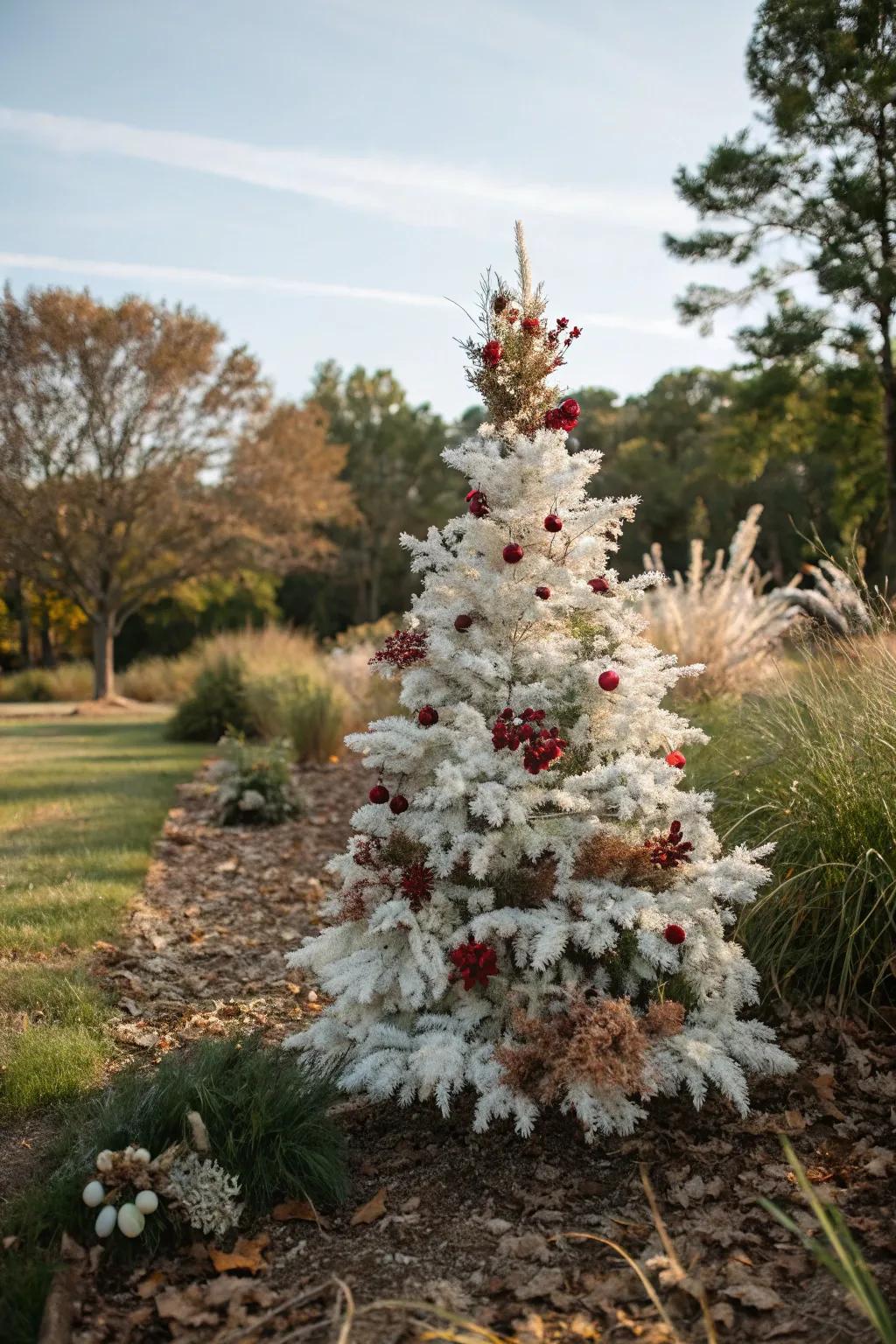 Nature's impression on a white Christmas tree.