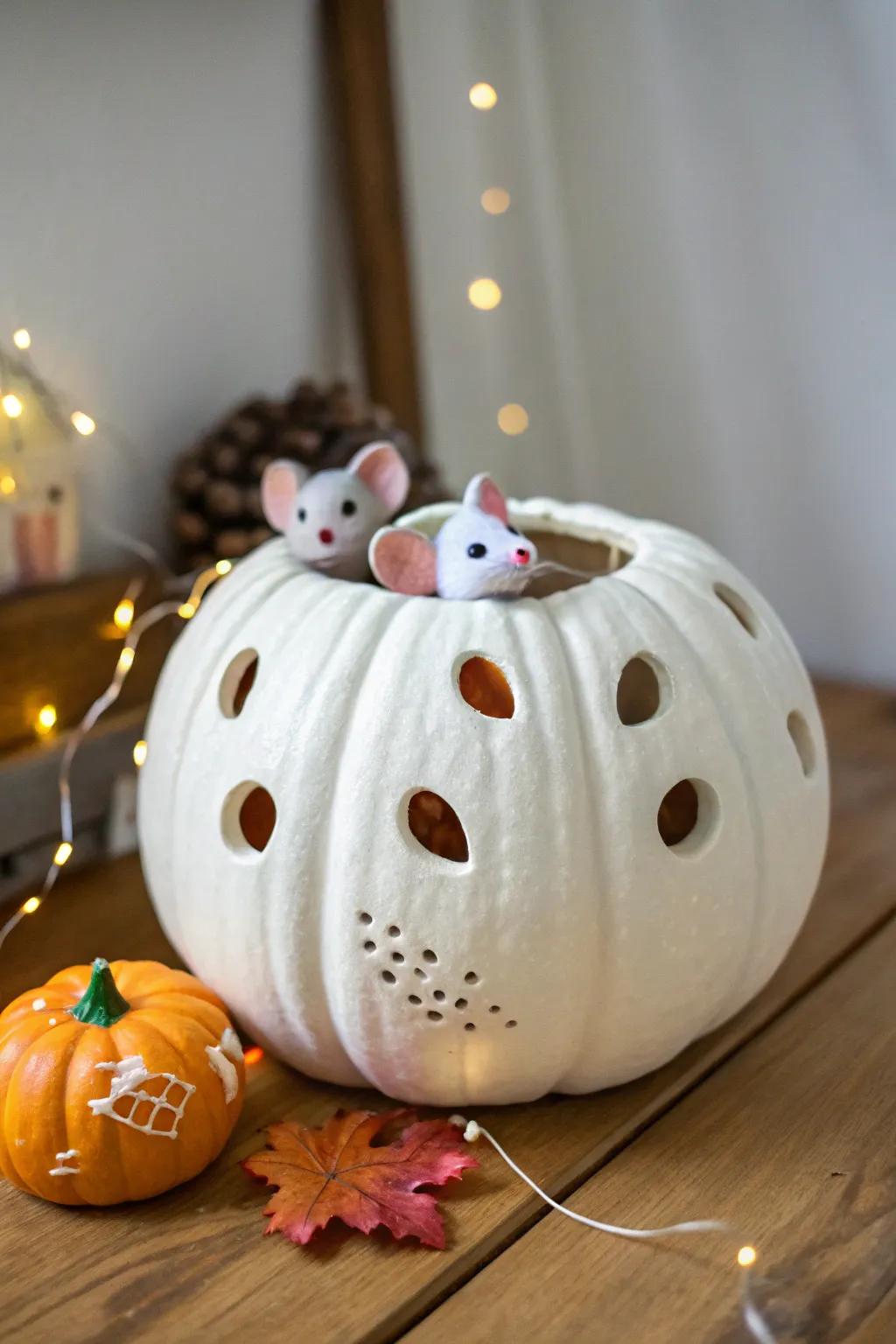 A playful pumpkin design featuring a mice invasion theme.